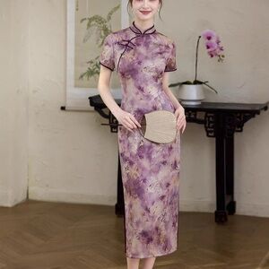 Elegant Purple Floral Cheongsam Dress